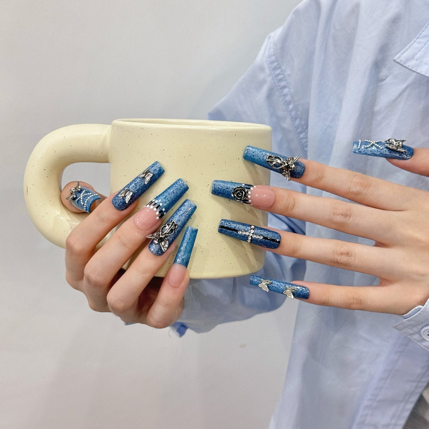 Pure handmade wear nails ins blue nail long coffin shape fake nail