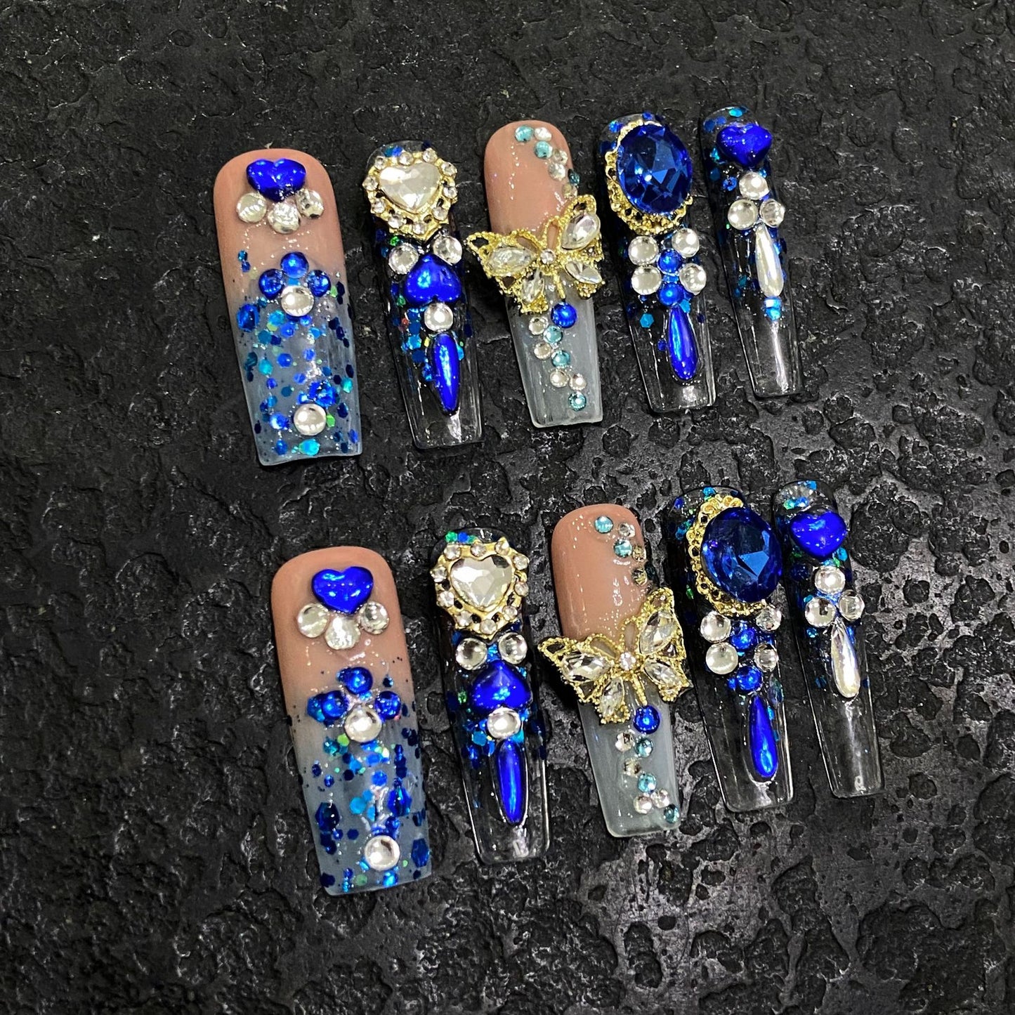 Pure handmade nail art blue diamond press on nails