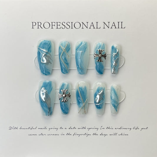 Handmade nail art blue deep sea legend cross fashionable fake nails