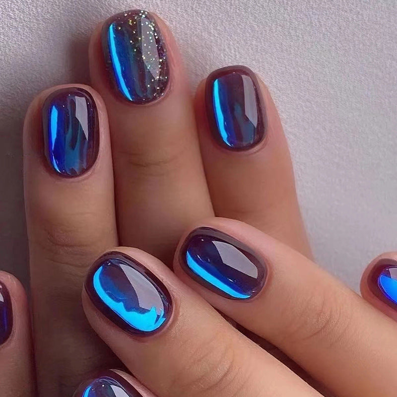 Free Shipping Short Galaxy blue glitter Aurora nails