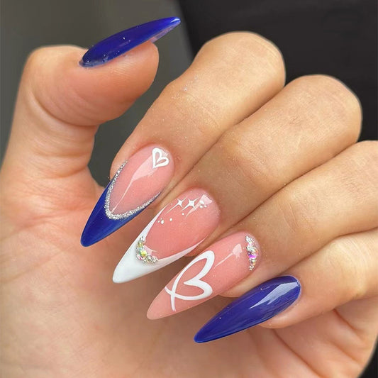 Contrast color blue French nail nude pink almond gel type heart girl false nail