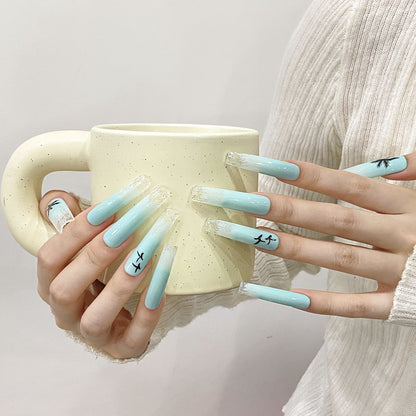 Super long light blue temperament nail art reusable fake nails