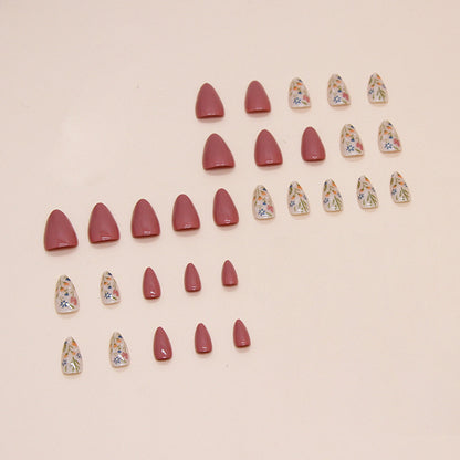 Fake nail wearing almond shape 30pcs light brown press on nail with flower design