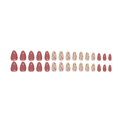 Fake nail wearing almond shape 30pcs light brown press on nail with flower design