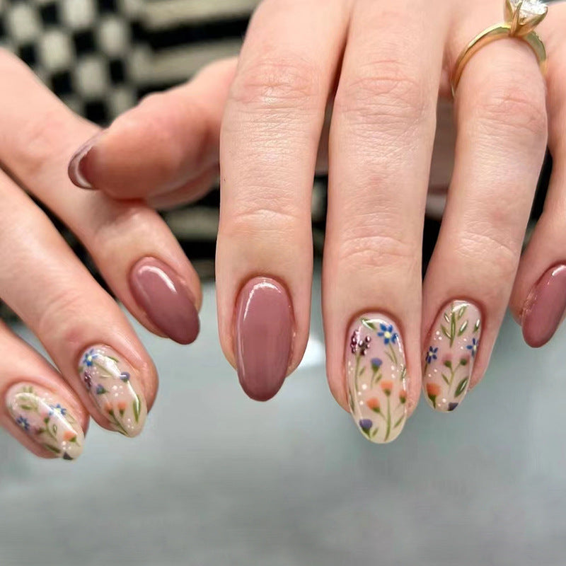 Fake nail wearing almond shape 30pcs light brown press on nail with flower design