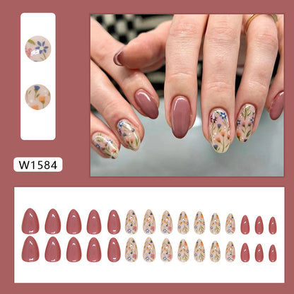 Fake nail wearing almond shape 30pcs light brown press on nail with flower design