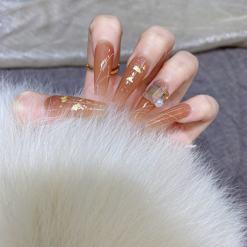 Purely hand-made nails gradient caramel coloring fake nail art for brides