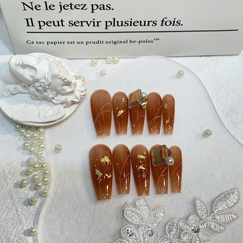 Purely hand-made nails gradient caramel coloring fake nail art for brides