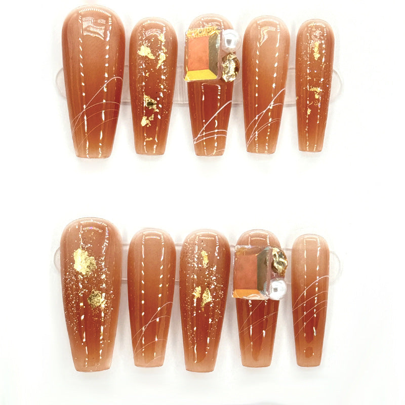 Purely hand-made nails gradient caramel coloring fake nail art for brides