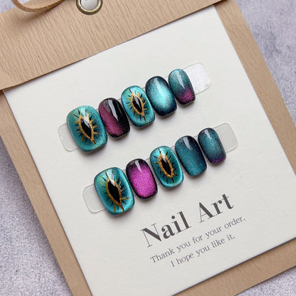 Handmade short manicure cat-eye fake nails