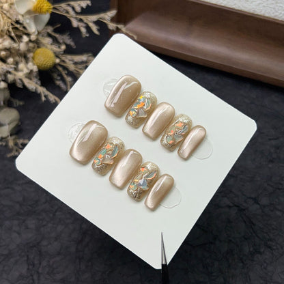 Champagne cat's eye love heart decoration nail art