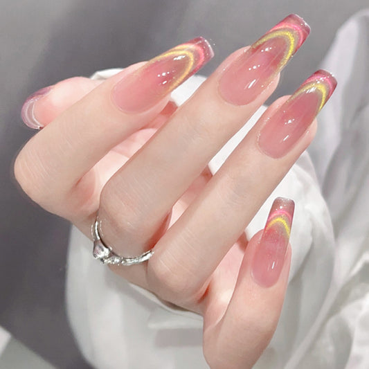 Colorful coffin long design false nail women cheek color beauty false nailw ith cat eye