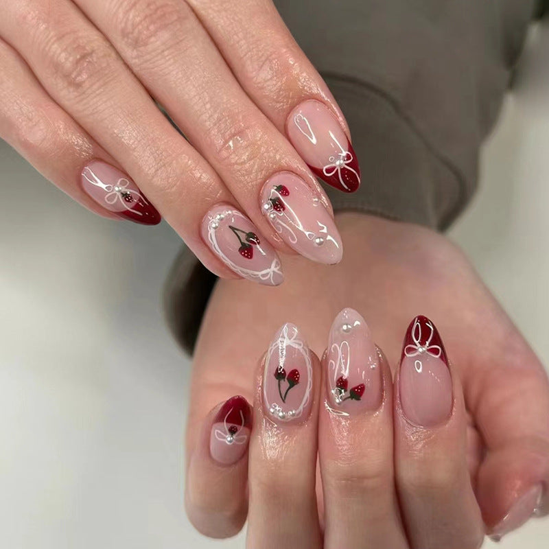 Cherry nail red French design nude almond women press on nail