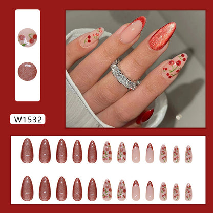 Almond shape wine red fake nail ladies cherry pattern cat eye press on nail