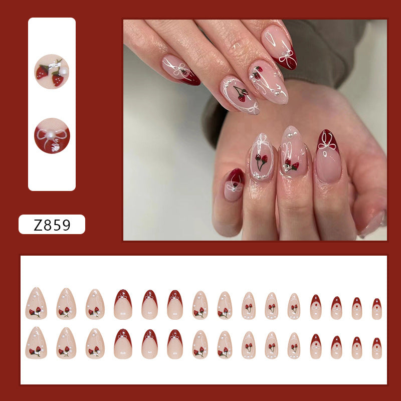 Cherry nail red French design nude almond women press on nail