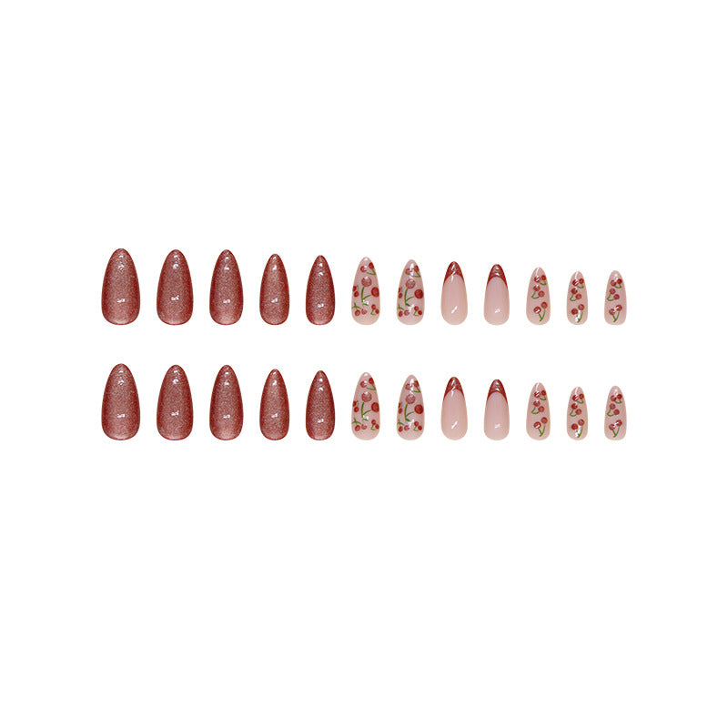 Almond shape wine red fake nail ladies cherry pattern cat eye press on nail