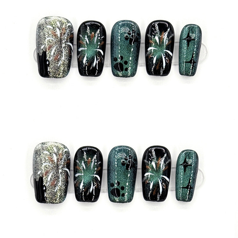 Purely handmade wear-on nails hand-painted cat claw fireworks false nails