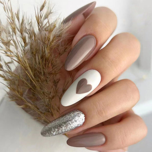 Long medium sizelight coffee glitter powder white press on nail with heart shape