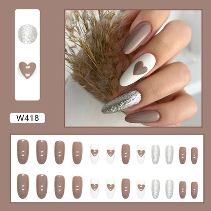 Long medium sizelight coffee glitter powder white press on nail with heart shape