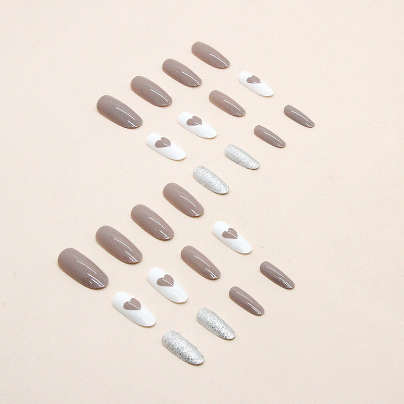 Long medium sizelight coffee glitter powder white press on nail with heart shape