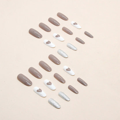 Long medium sizelight coffee glitter powder white press on nail with heart shape