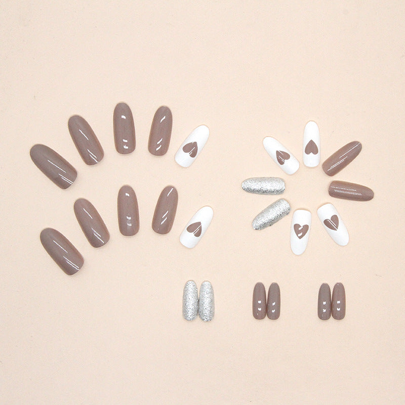 Long medium sizelight coffee glitter powder white press on nail with heart shape