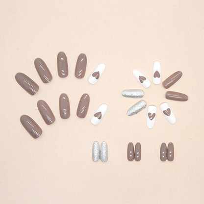 Long medium sizelight coffee glitter powder white press on nail with heart shape