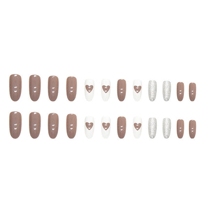 Long medium sizelight coffee glitter powder white press on nail with heart shape