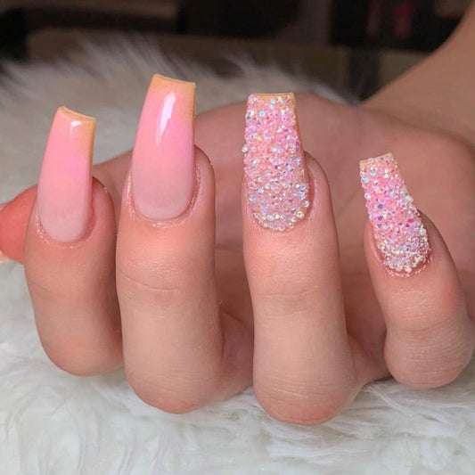 Pink color gradient long design coffin diamond 24pcs press on nail