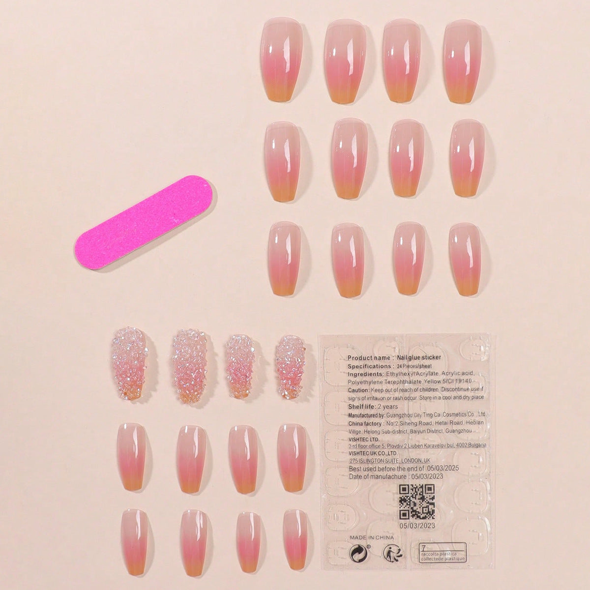 Pink color gradient long design coffin diamond 24pcs press on nail