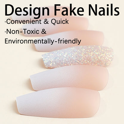 Gradient color nude color false nail women glitter powder long coffin press on nail