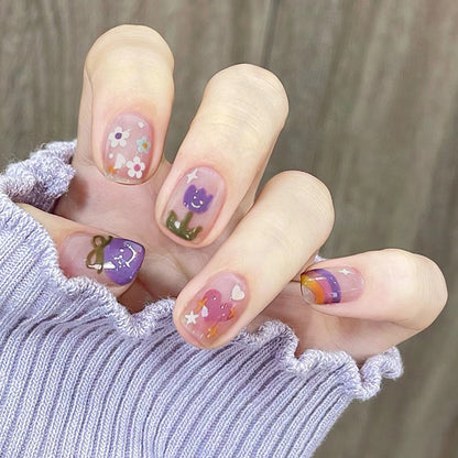 Cute short design nail women press on nail with hear flower rainbow