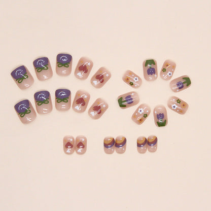 Cute short design nail women press on nail with hear flower rainbow