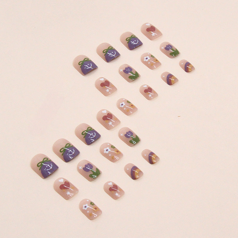 Cute short design nail women press on nail with hear flower rainbow