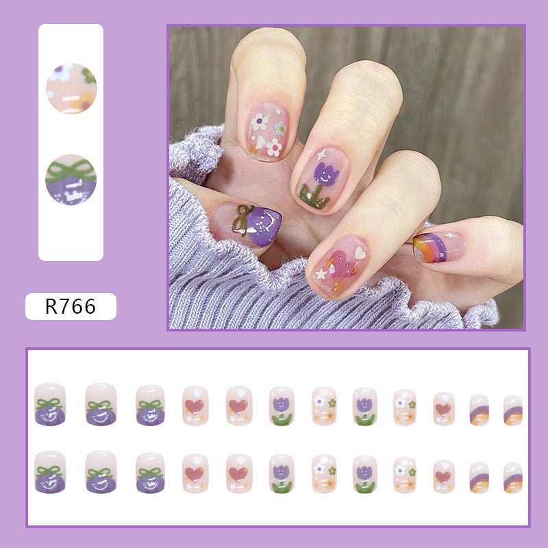 Cute short design nail women press on nail with hear flower rainbow