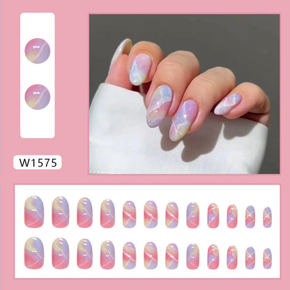 Medium long oval shape colorful blooming line press on nail