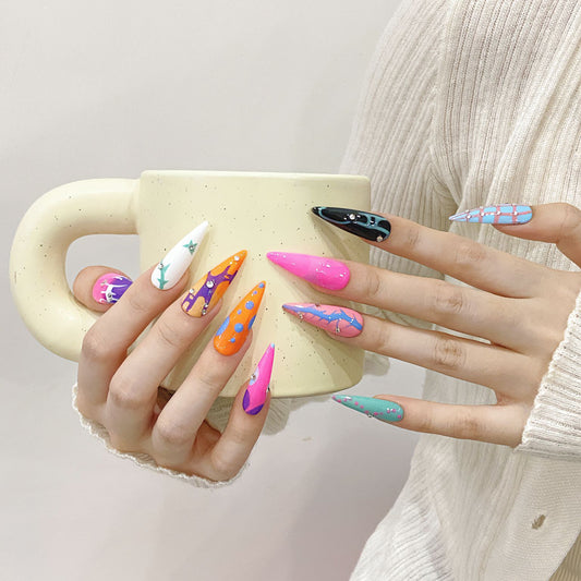 Colorful almond shape nail art Temporary fake nails