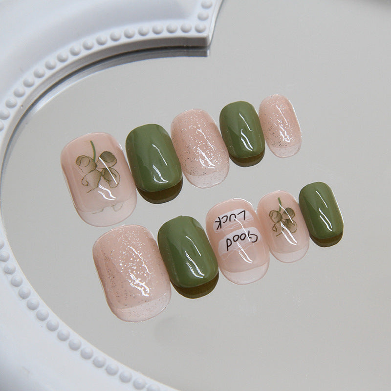 Summer contrast color short green nude style press on nail