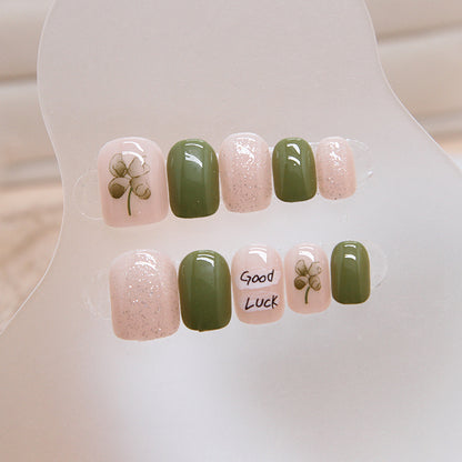 Summer contrast color short green nude style press on nail