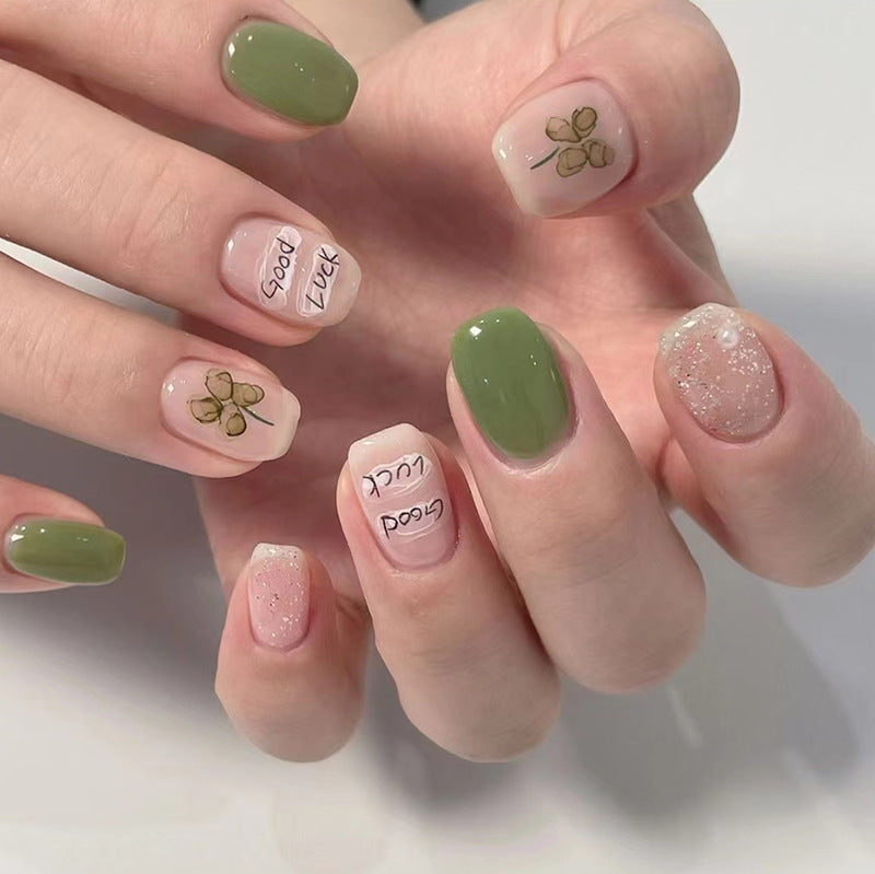 Summer contrast color short green nude style press on nail