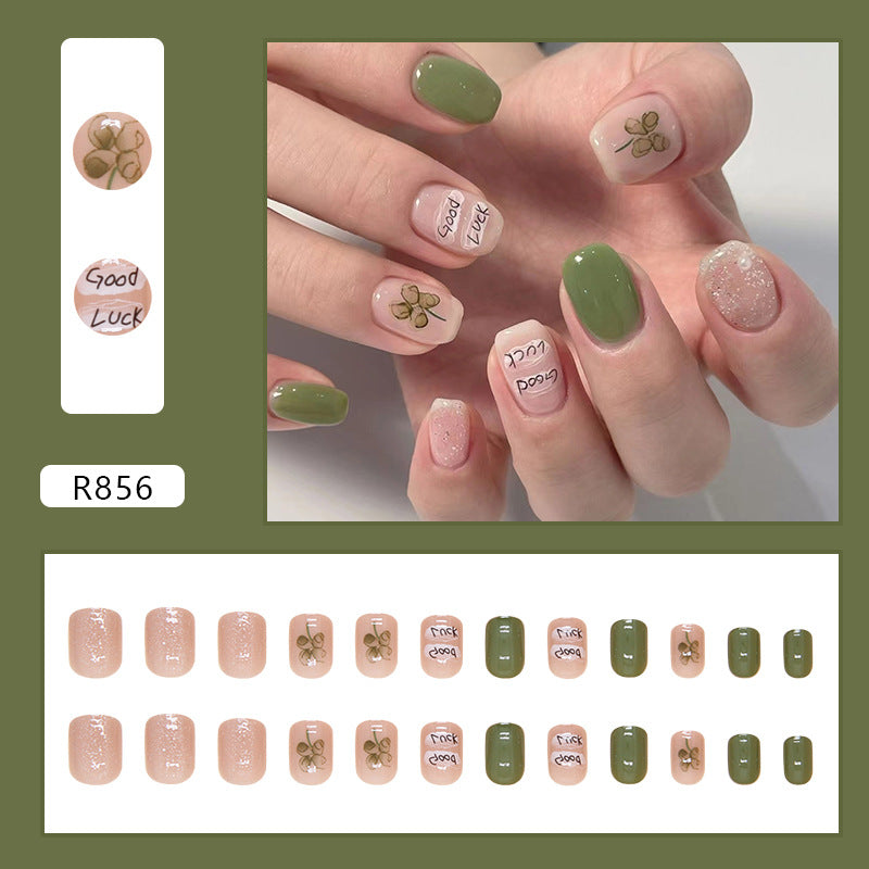 Summer contrast color short green nude style press on nail