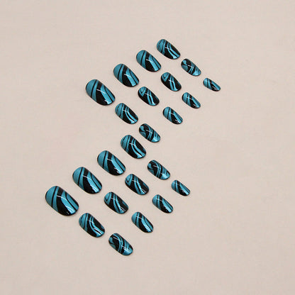 Aurora blue ripple pattern cool black fake nail oval press on nail