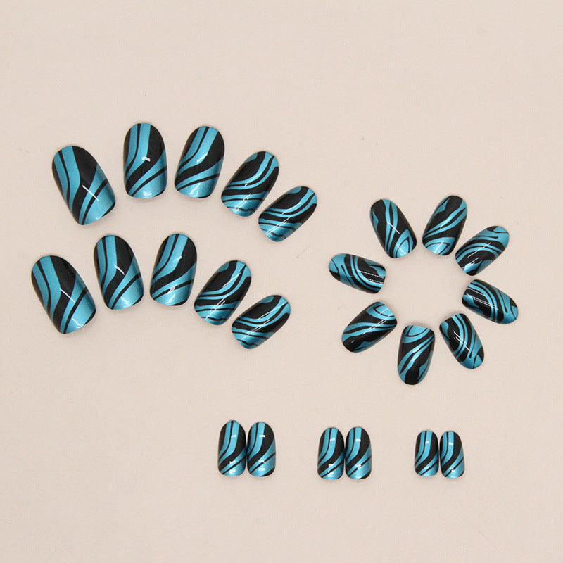 Aurora blue ripple pattern cool black fake nail oval press on nail