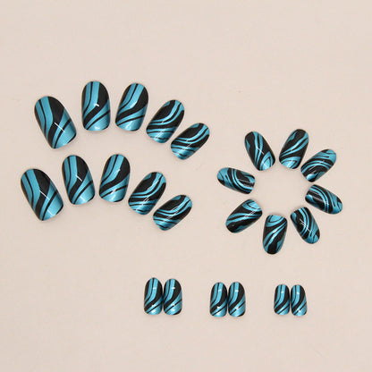 Aurora blue ripple pattern cool black fake nail oval press on nail