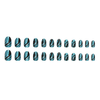 Aurora blue ripple pattern cool black fake nail oval press on nail