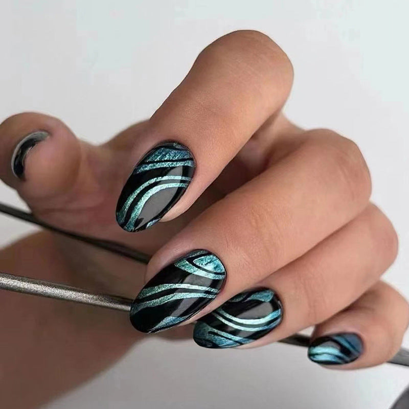 Aurora blue ripple pattern cool black fake nail oval press on nail