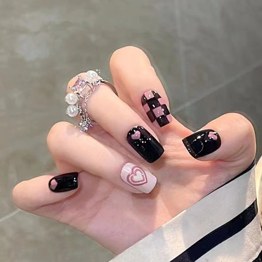 Cool girl checkerboard pattern black purple press on nail