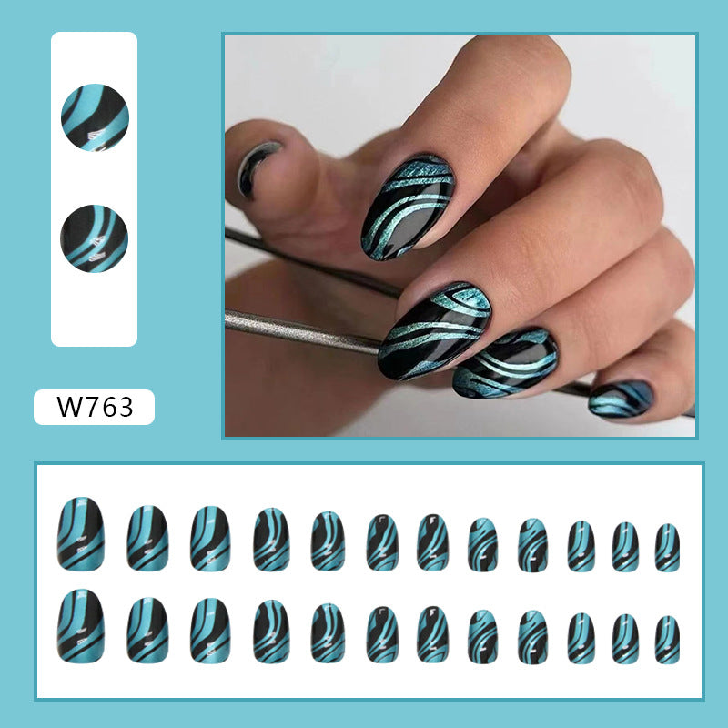 Aurora blue ripple pattern cool black fake nail oval press on nail