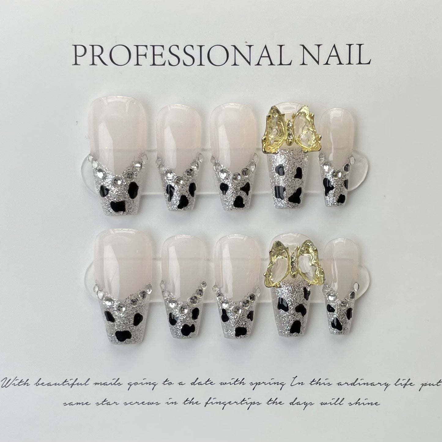 Cow pattern diamonds butterfly lazy manicure nail press on nails