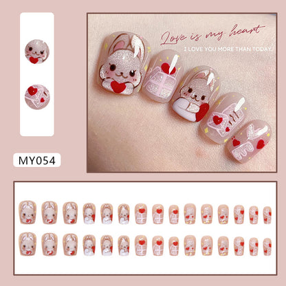 Cute short design nude pink rabbit pattern press on nail with gel